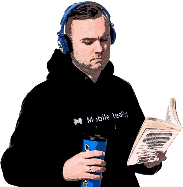 Team member in black with book